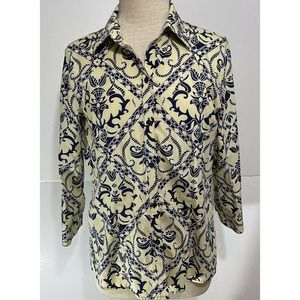 FOXCROFT Women’s 8 Button Up Cotton Blouse Fitted Pale Yellow Navy Print